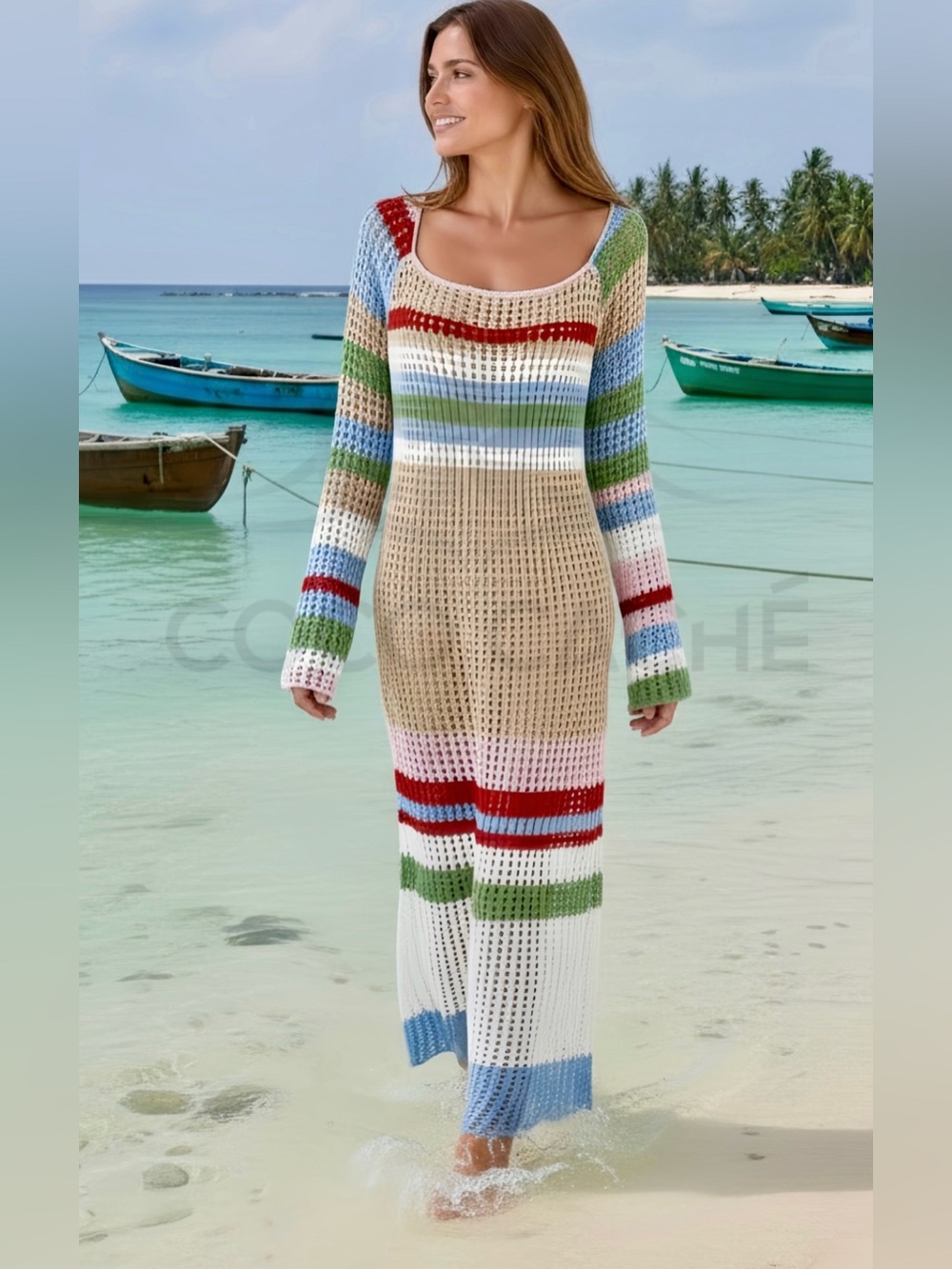 Casual Bohemian Crochet Long Sleeves Color Block Swimsuit Coverup Midi Dress - Picture 5 of 12